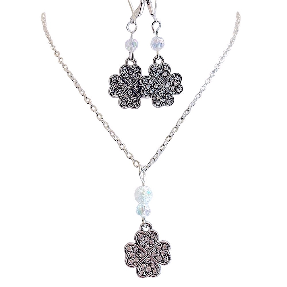 Clearance Sale! Silver lucky four leaf clover necklace and earring set